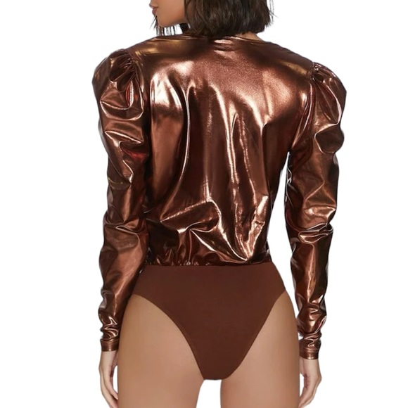 BRONZE PLUNGING NECKLINE GIGOT SLEEVE BODYSUIT - Picture 2 of 13